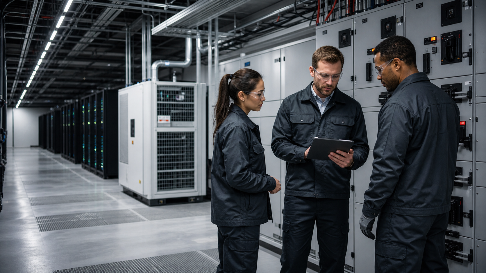 Critical facilities technicians reviewing data center electrical infrastructure
